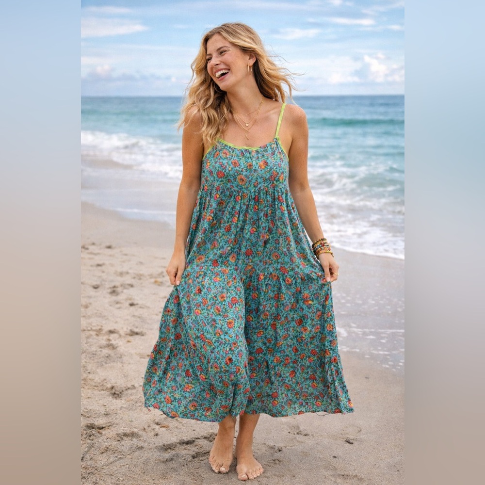 NATURAL LIFE Floral Blue Pink Green Print Dress Top